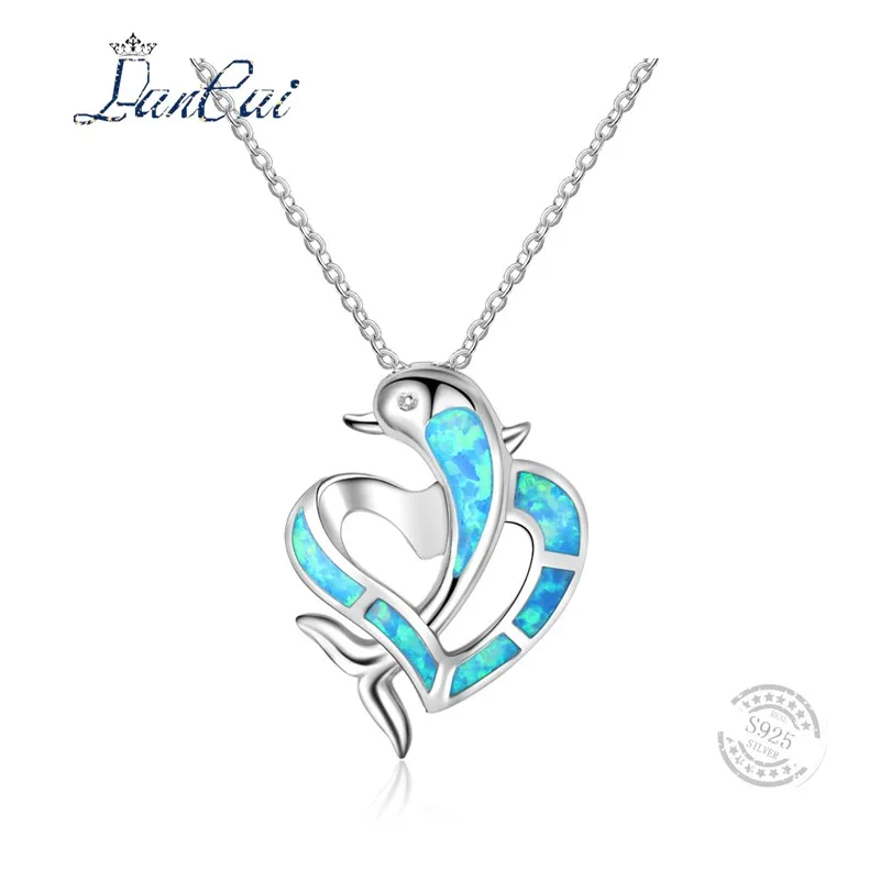 

LANCAI Fashion Cute Blue Fire Opal Dolphin Necklace 925 Sterling Silver Love Heart Pendant Necklace for Women Fine Jewelry Gift