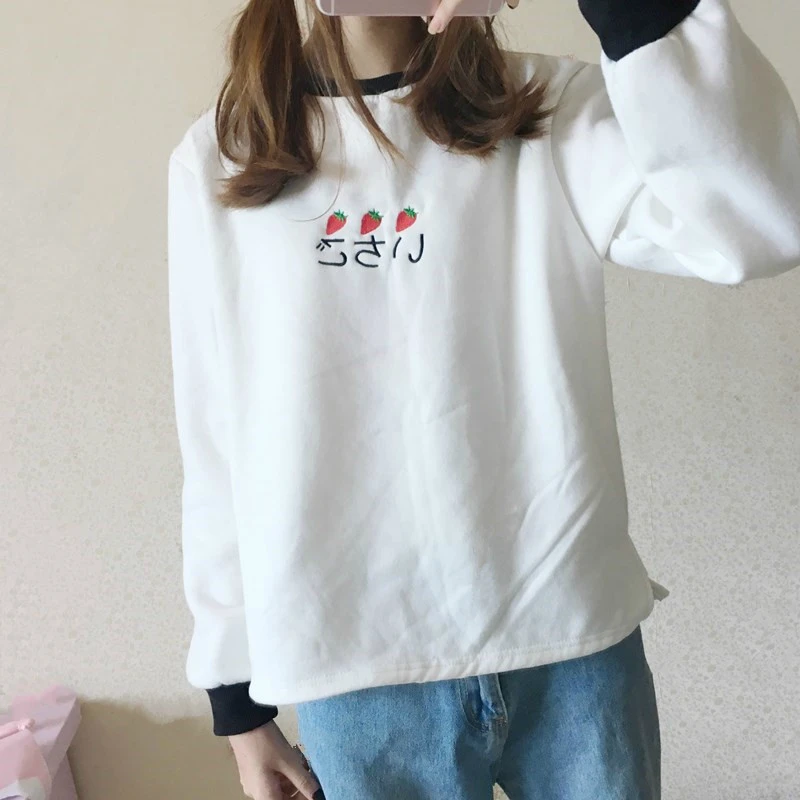

Cute Ctrawberry Embroidery Women Hoodies Spell Color Sweet Student Sweatshirt Autumn Winter Long Sleeve Women Pullovers