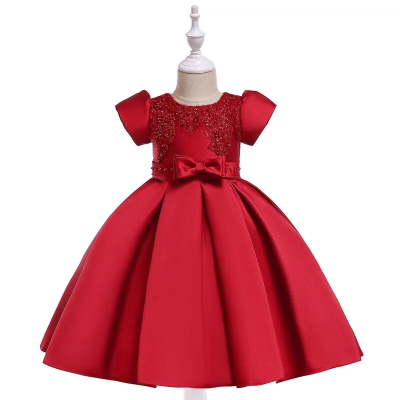 

Lovely Seattle Flower Girls Dress Elegant Gown Lace Pearls Beaded Party Dress Holoday Wedding Dress Bow Beaded Waistline For Kid