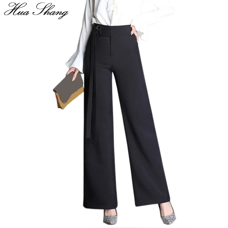 Hua Shang Elegant Women Autumn High Waist Wide Leg Pants With Belt Female Bell Bottom Lady Work Office Trousers Plus Size | Женская