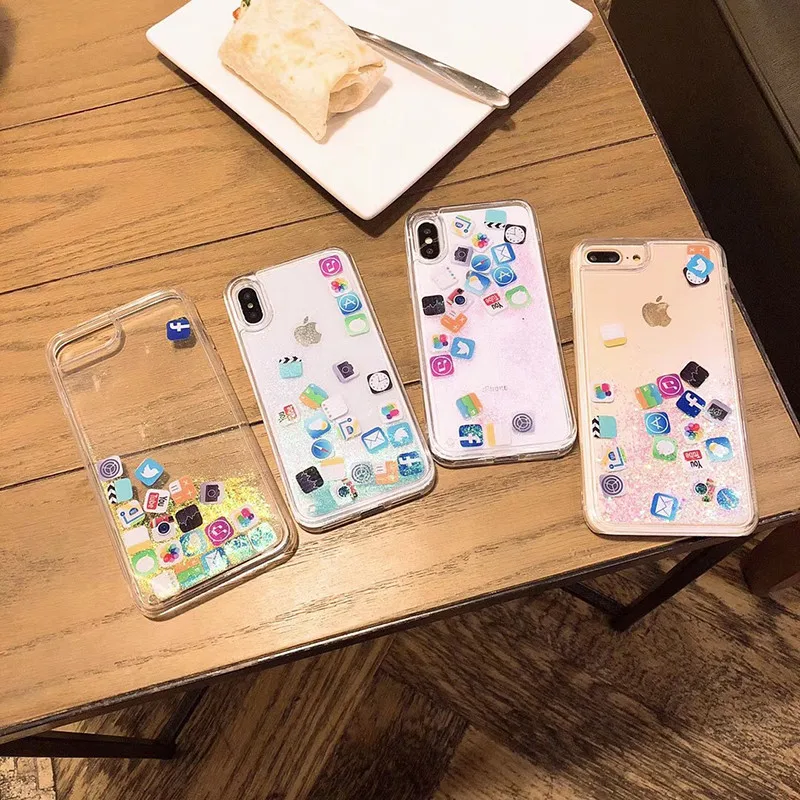 Mobile Apps Icon Patterned Glitter Liquid Dynamic Clear Case Cover For iPhone 7 8 X 6 Shiny Quicksand Soft Frame Capa For iPhone(5)