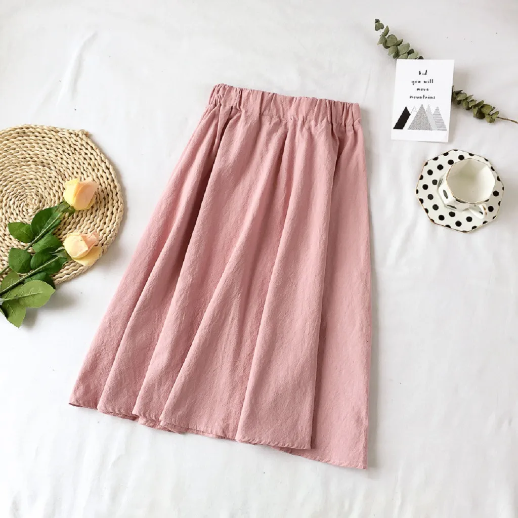 

Elegant Female Summer Korean Midi Skirts Women Elastic High Lace Waist Wild Loose Solid Button Leisure Flax Skirt