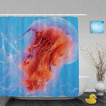

Orange Jellyfish Floating Bathroom Shower Curtain Swimming In Blue Ocean Shower Curtains Waterproof Polyester Fabric With Hooks