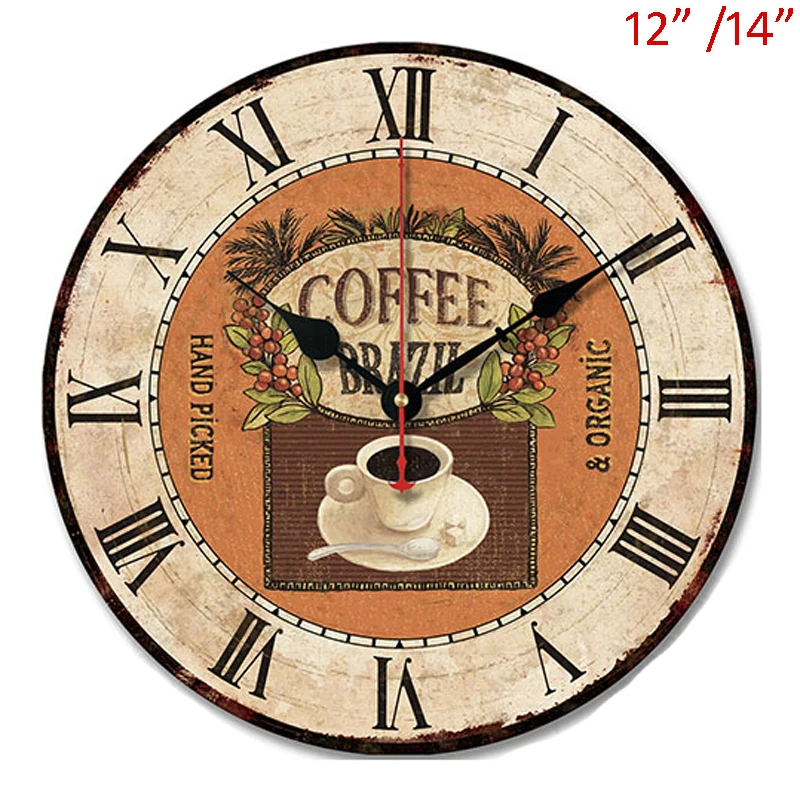 

Vintage Coffee Brazil Design Antique White with Black Roman Numbers Printed Single-sided 12, 14 inches Round Wooden Wall Clock