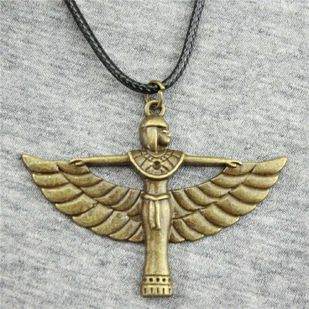 

2019 Vintage Antique Bronze Antique Silver Plated 42x56mm Egypt Goodnesswinged Woman Pendant Necklace Leather Chain Necklace