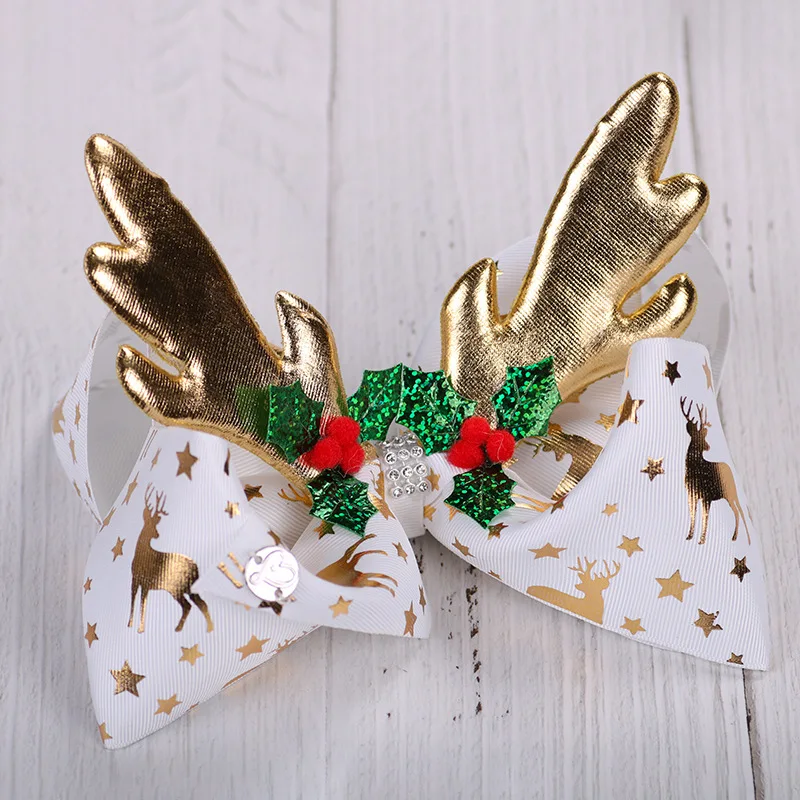 

Baby Bows JOJO Siwa Large Girl Hair Clip for Girls Kids 8" Foil Printed Christmas Deer Horn Antler Ribbon Knot Jumbo Hair Bow