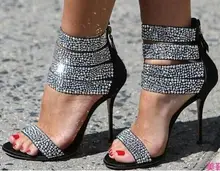 Fashion Summer Women Crystal Embellished High Thin Heels Solid Black Cut Outs Striking Cover Heel Zipper Sandals Free Ship black fashion jewelry embellished flat sandals