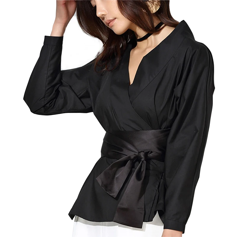 Mara Alee Women blouse wrap shirt black top big bow female slim long