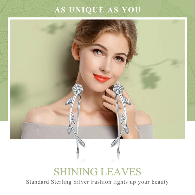 WOSTU высокое качество 925 пробы серебряные серьги-гвоздики с сияющими листьями для женщин модные ювелирные изделия из стерлингового серебра CQE266