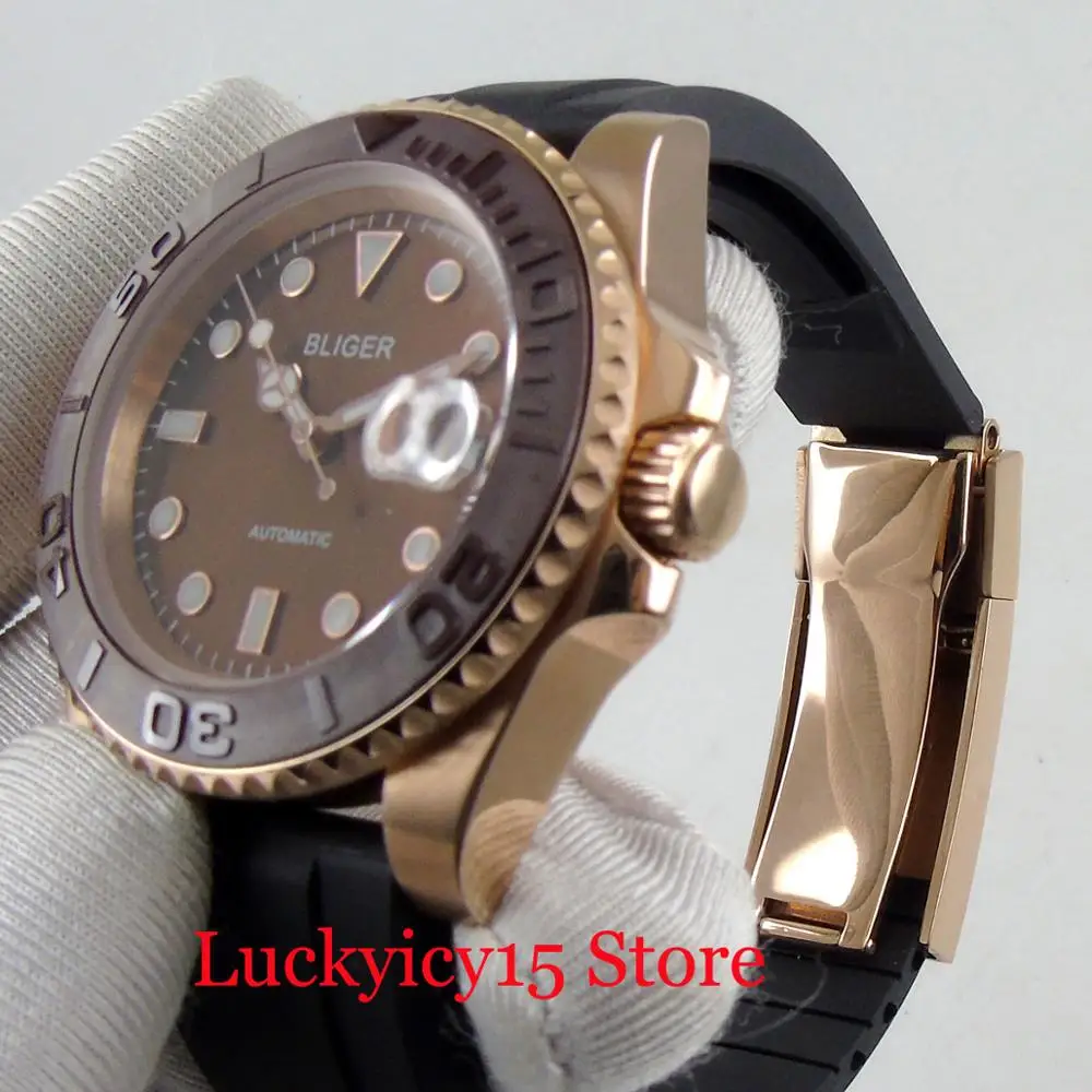 

BLIGER 40mm Self Winding Men's Watch Date Window Sapphir Glass Rubber Strap Wristwatch