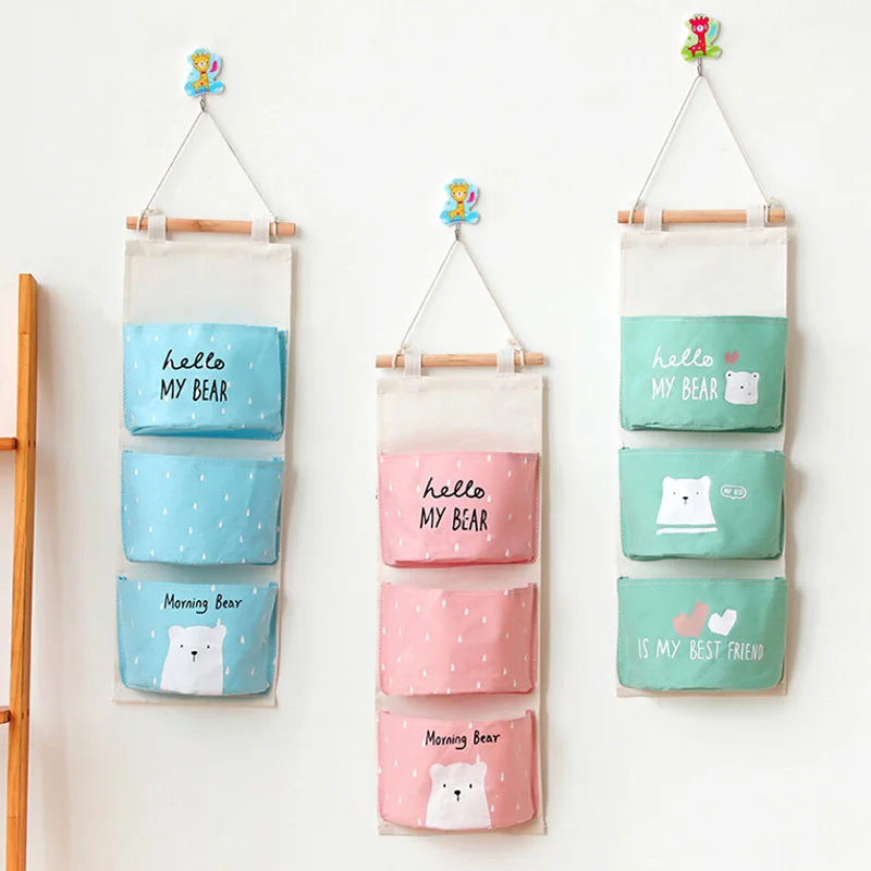 Wall Hanging Storage Bag 3 Pocket Fabric Linen Wall Mounted Wardrobe