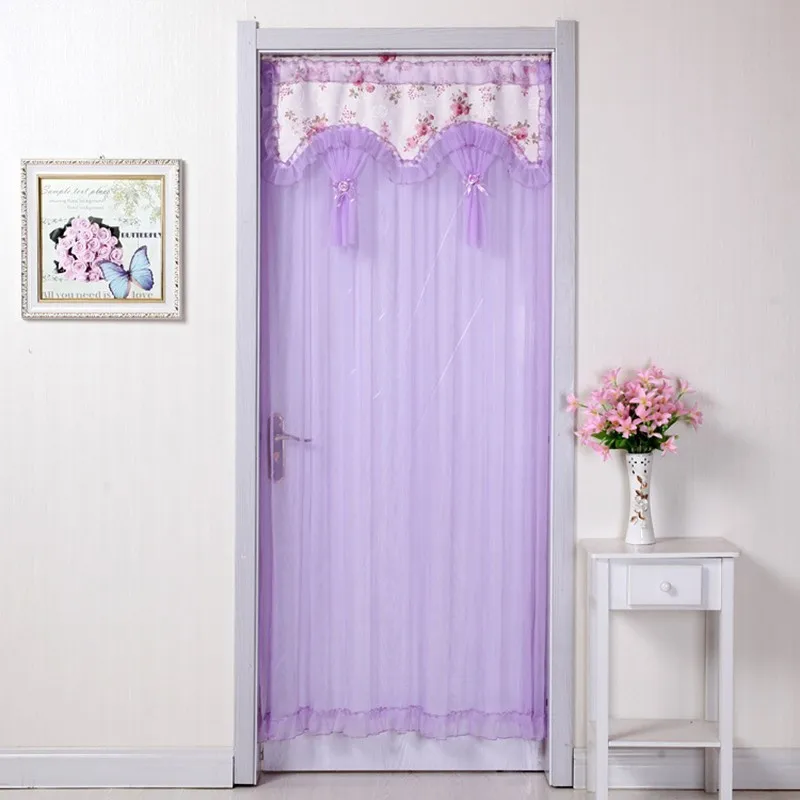 Однослойная фиолетовая желтая кружевная дверная занавеска прозрачная марлевая летняя противомоскитная анти-мухи 90x200 см - Цвет: B Purple Curtain