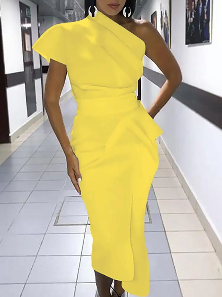 one shoulder ruched midi dress