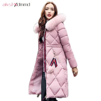 

AKSLXDMMD Parka Mujer 2019 New Winter Women's Jacket Fur Collar Hooded Fur-ball Thick Long Coat Female Padded Jackets LH1062