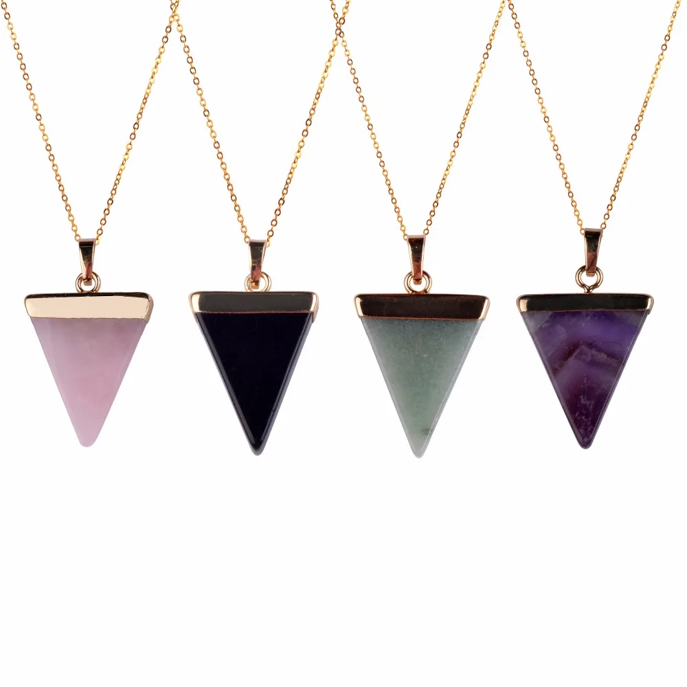 2016 New Women Natural Stone Pendant Necklaces Triangle Black Pink Purple Gem Stone Necklace Collars Collier femme Jewelry