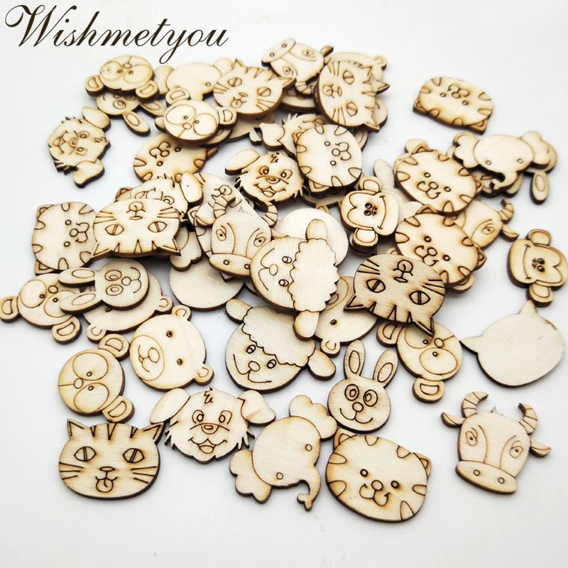 

WISHMETYOU 30pcs Mix Cartoon Wooden Animals Sheep&Tiger&Rabbit&Elephant&Monkey Wood Slices For Crafts Decoration Diy Party New