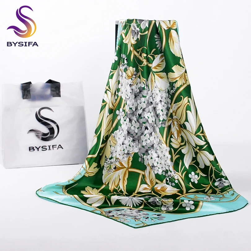

Женский шелковый шарф [BYSIFA], зеленый квадратный шарф с цветочным принтом, аксессуар для весны и зимы
