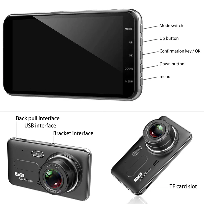 Автомобильный видеорегистратор 4 &quotDash Cam для транспорта с двумя объективами