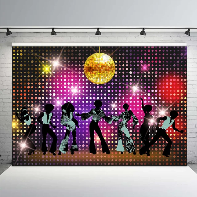 Vintage 80s 90s Disco Night Party Backdrop Neon Boogie Dancers Shiny