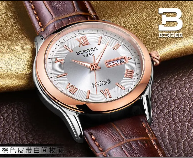 Switzerland men's watch luxury brand Wristwatches BINGER luminous Mechanical Wristwatches leather strap Waterproof BG-0383-16