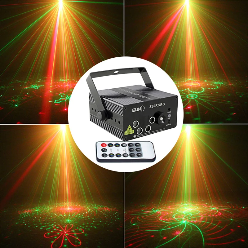 

Mini Portable Stage Light 5 Holes 80 Patterns RG Laser Project Sound Activated Light Stage Lighting Red Green Blue AC110v-240v