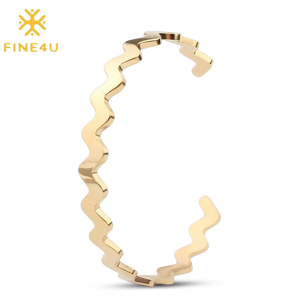 

FINE4U B156 Stainless Steel Smooth Wave Bracelets & Bangles Gold Color Open Cuff Bracelets For Men Women Adjustable Bangle