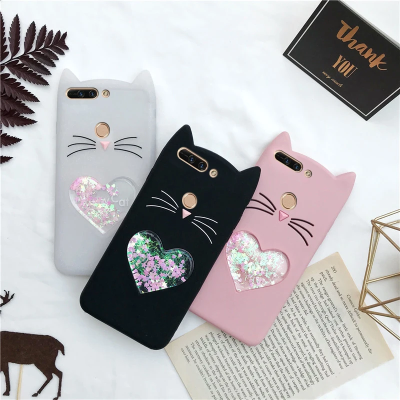 

Phone Case For Huawei Honor 7A Pro 3D Love Heart Glitter Luck Cat Quicksand Cover For Huawei Honor 7A 7 A 5.7inch case shell