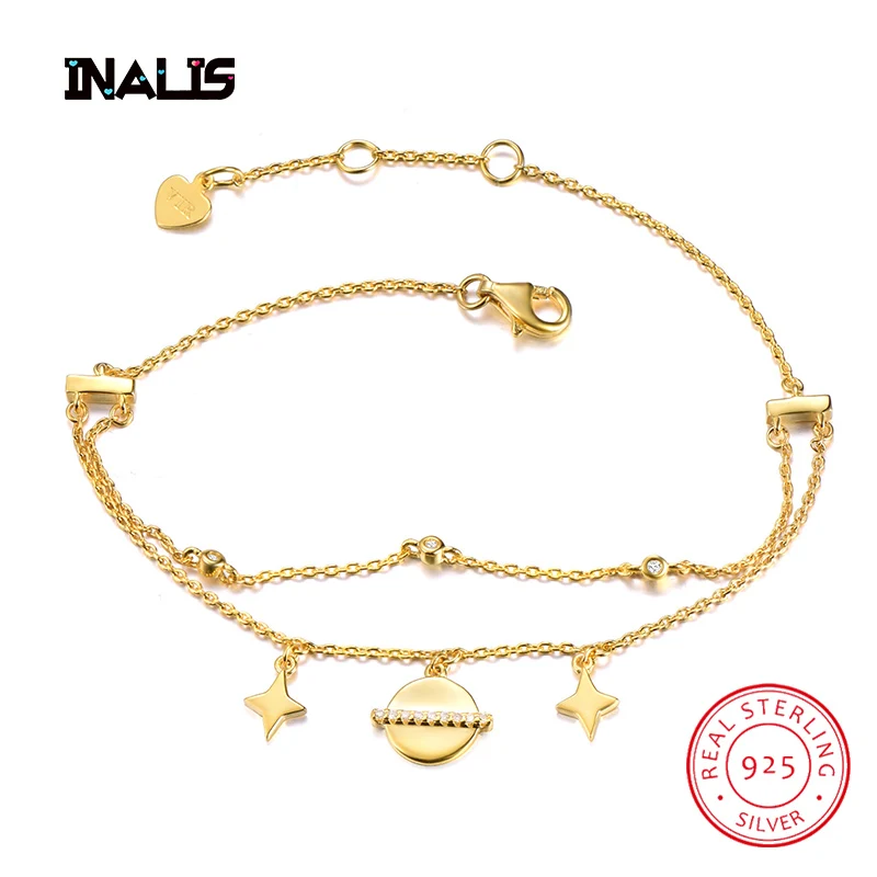 

INALIS New Double Chain Bracelet 925 Sterling Silver Fine Jewelry Star Planet Dangle Clear CZ 18K Gold Plated Bangle for Women