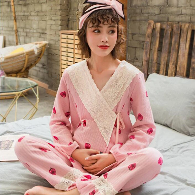 

2018 Maternity Wear Autumn And Winter New Thick Warm Month Clothes Cotton Nursing Pajamas Set A139