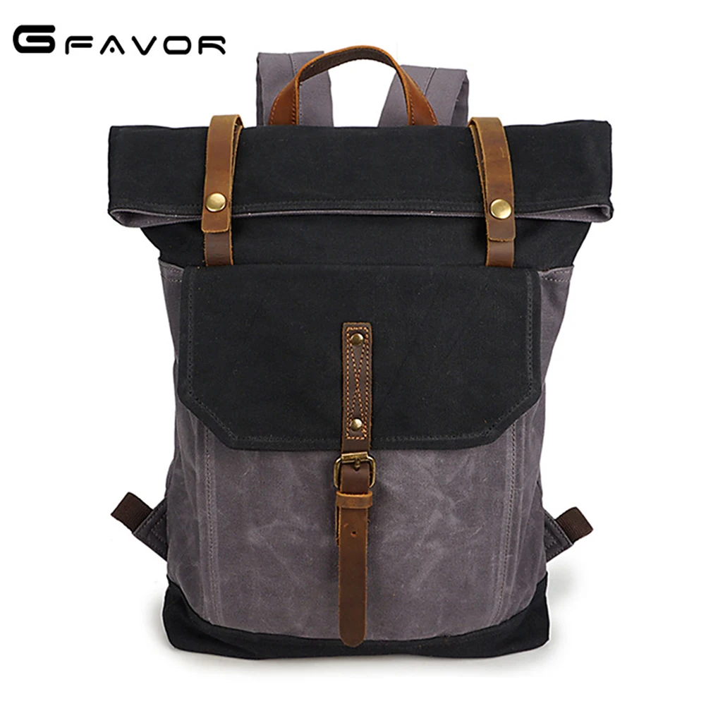 Goede G FAVOR Vintage mannen Laptop Rugzak Hasp Waterdichte Schoudertas Canvas amp; Crazy Horse Lederen 16 inch Casual Reizen tas Mannen