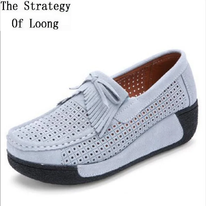 

2019 New Spring Summer Autumn Casual Genuine Leather Women Pumps Hollow Shallow Bowknot Wedges Platform Tassel Lady Shoes 190704