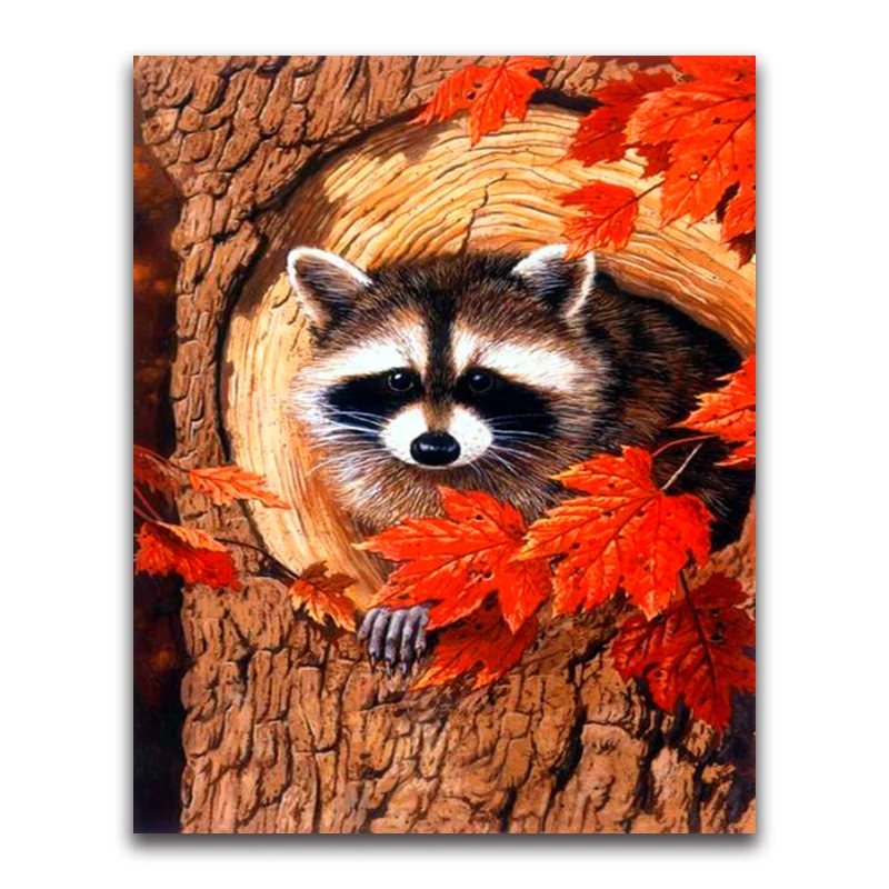 Full round Diamond painting Cross stitch Raccoon full square Diamond mosaic maple tree leaves 5D DIY Diamond embroidery autumn