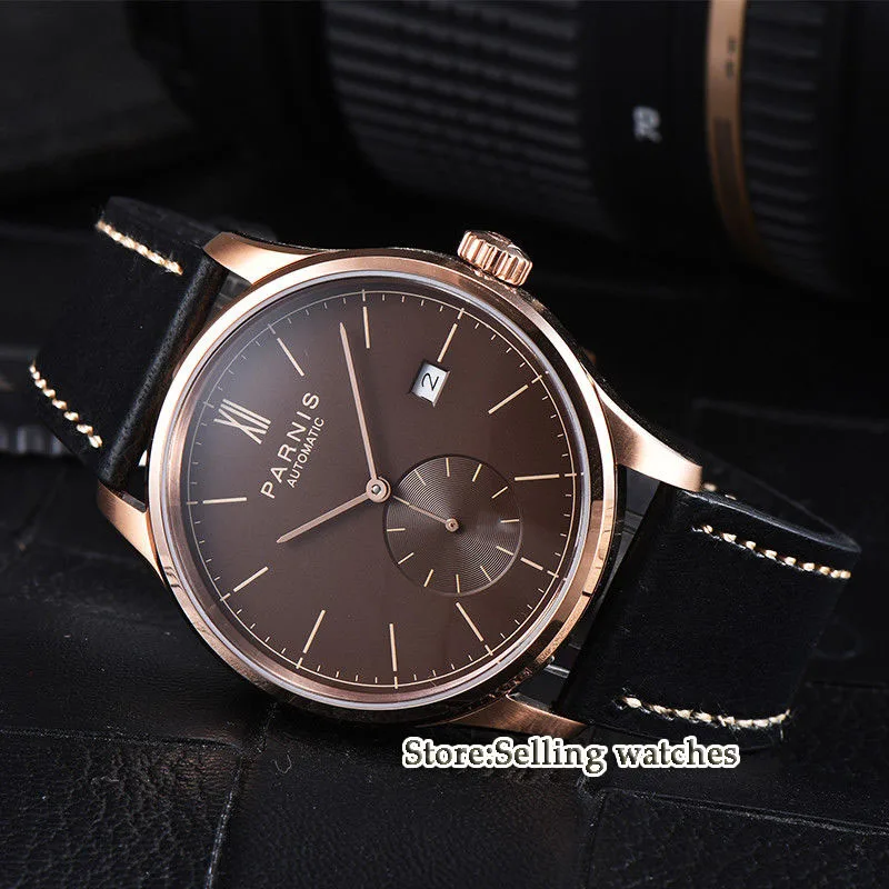 42mm parnis white dial rose golden case camel strap date ST 1731 automatic mens watch 42mm parnis white dial rose golden case camel strap date ST 1731 automatic mens watch