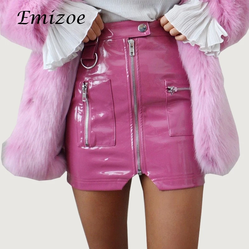 

Emizoe cute pink faux leather Skirt women new sprint PVC PU zipper mini skirt streetwear bodycon female leather skirts bottom