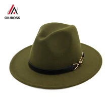 QIUBOSS однотонная окрашенная шерстяная фетровая шляпа с пряжкой на ремне, украшение для мужчин и женщин, джазовая фетровая шляпа, черная Панама, Трилби, унисекс