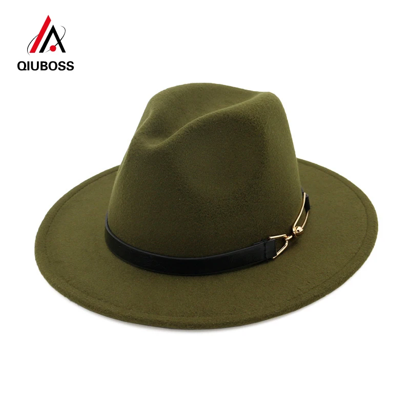 

QIUBOSS Plain Dyed Wool Felt Fedora Hat with Belt Buckle Decoration Men Women Jazz Felt Hat Chapeau Black Panama Trilby Unisex