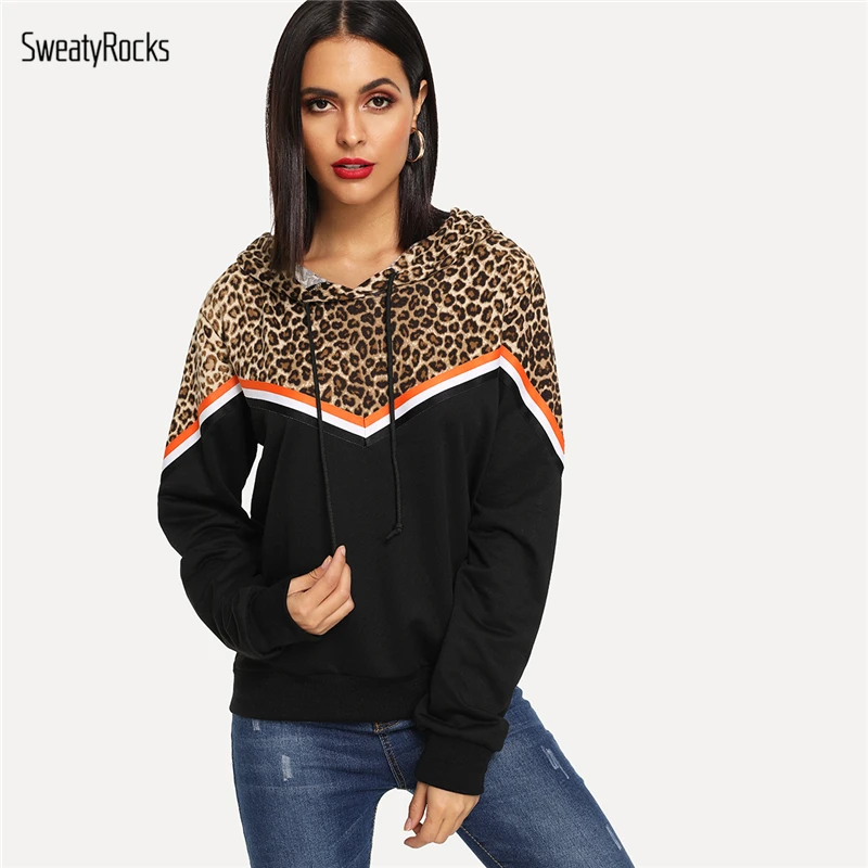  SweatyRocks Sporting Leopard Contrast Striped Long Sleeve Hoodie Casual Hooded Pullover Sweatshirts