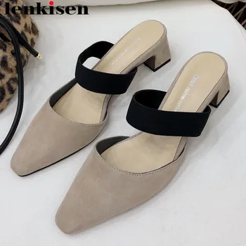 

Lenkisen recommend concise brand full grain leather chunky heels slip on slip on mules square toe party casual wear shoes L51