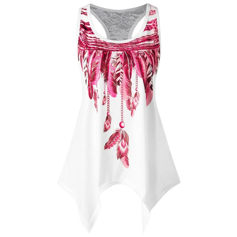 

SHUJIN Plus Size 5XL Summer Irregular Tank Top Women Sexy Sleeveless O Neck Shirt Ladies Casual Lace Patchwork Print Top Vest