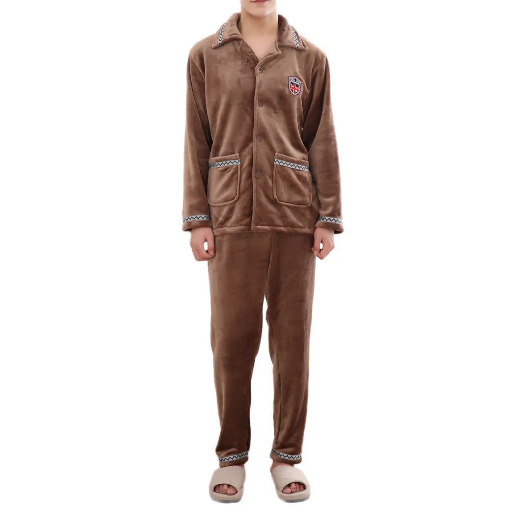 Мужские осенне-зимние пижамные комплекты с отложным воротником, однотонные, высокого качества, фланелевые, кашемировые, Утолщенные, с