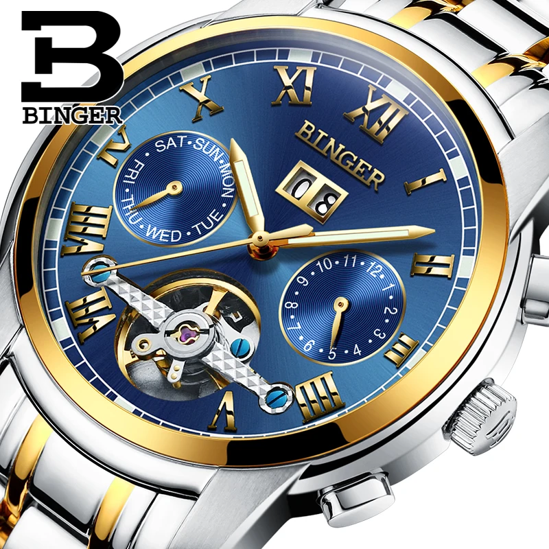 Switzerland BINGER watches font b men b font luxury brand Tourbillon sapphire luminous multiple functions font