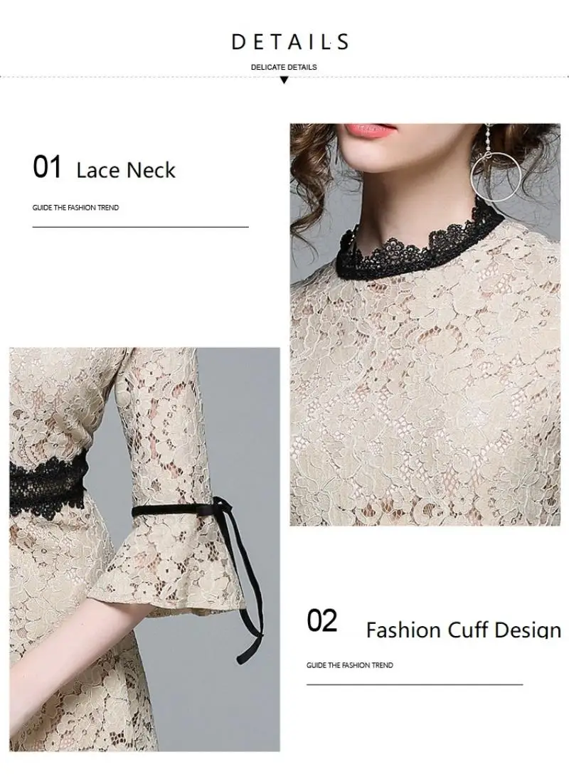 HIGH QUALITY New Fashion 2018 Runway Dress Women's Flare Sleeve Hollow out lace fishtail dress Lady Skirt Midi Dress