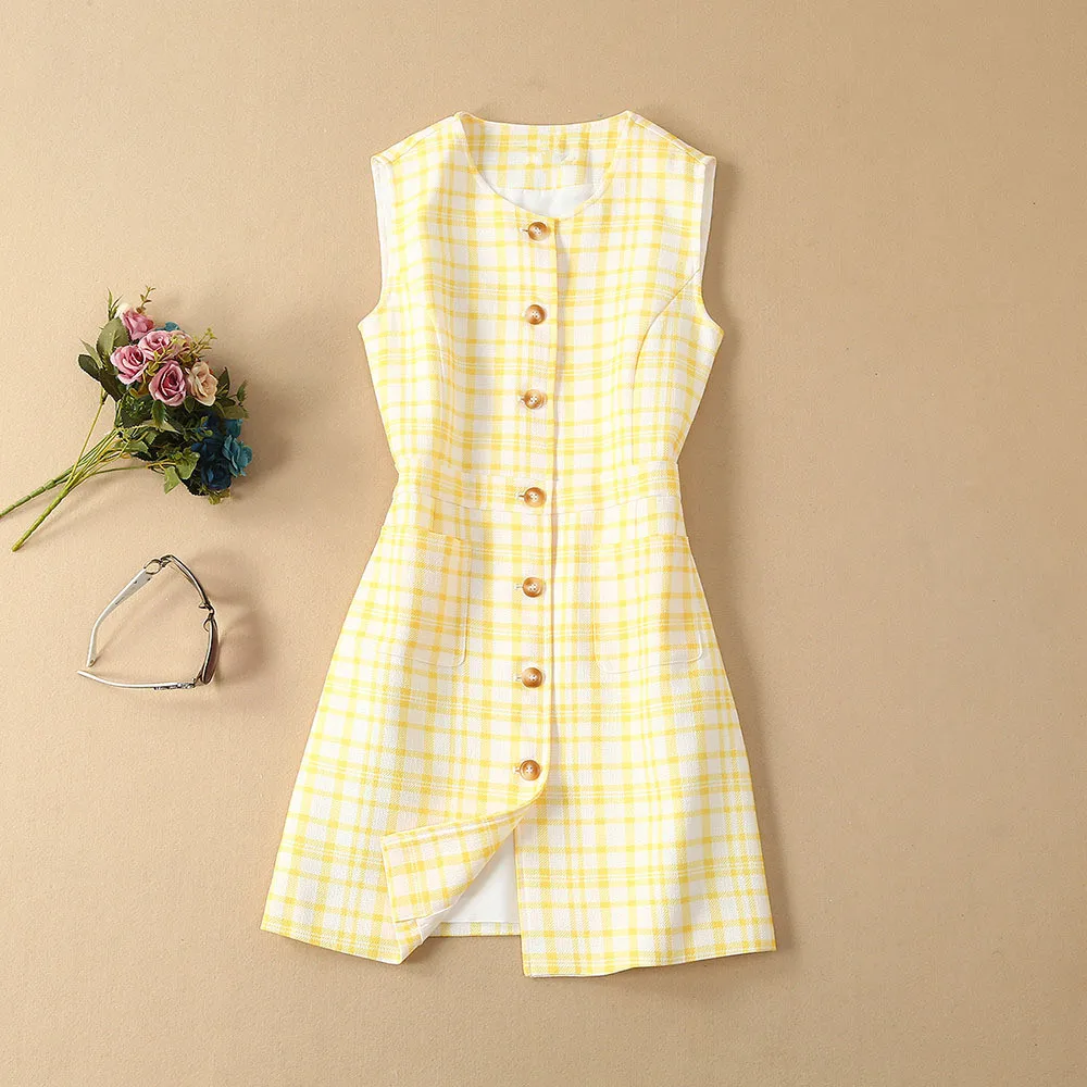 Women Summer Dresses O Neck Sleeveless Single Breasted A-Line Fashion Yellow Plaid Mini Dress