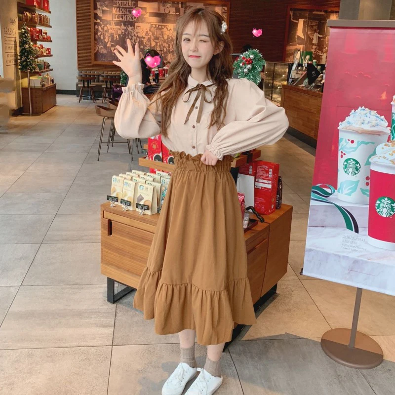 

Two-piece Suit Spring Women's Japanese Sweet Retro Thickening Bow Shirt + High Waist Skirt Fashion Casual Streetwear Set