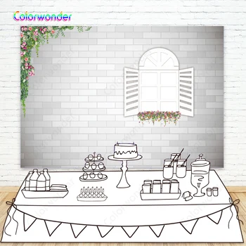 

Photography Background White Window with Flowers 7x5ft Sliver Brick Wall with Rose and Green Leaves Backdrops for Wedding Decor
