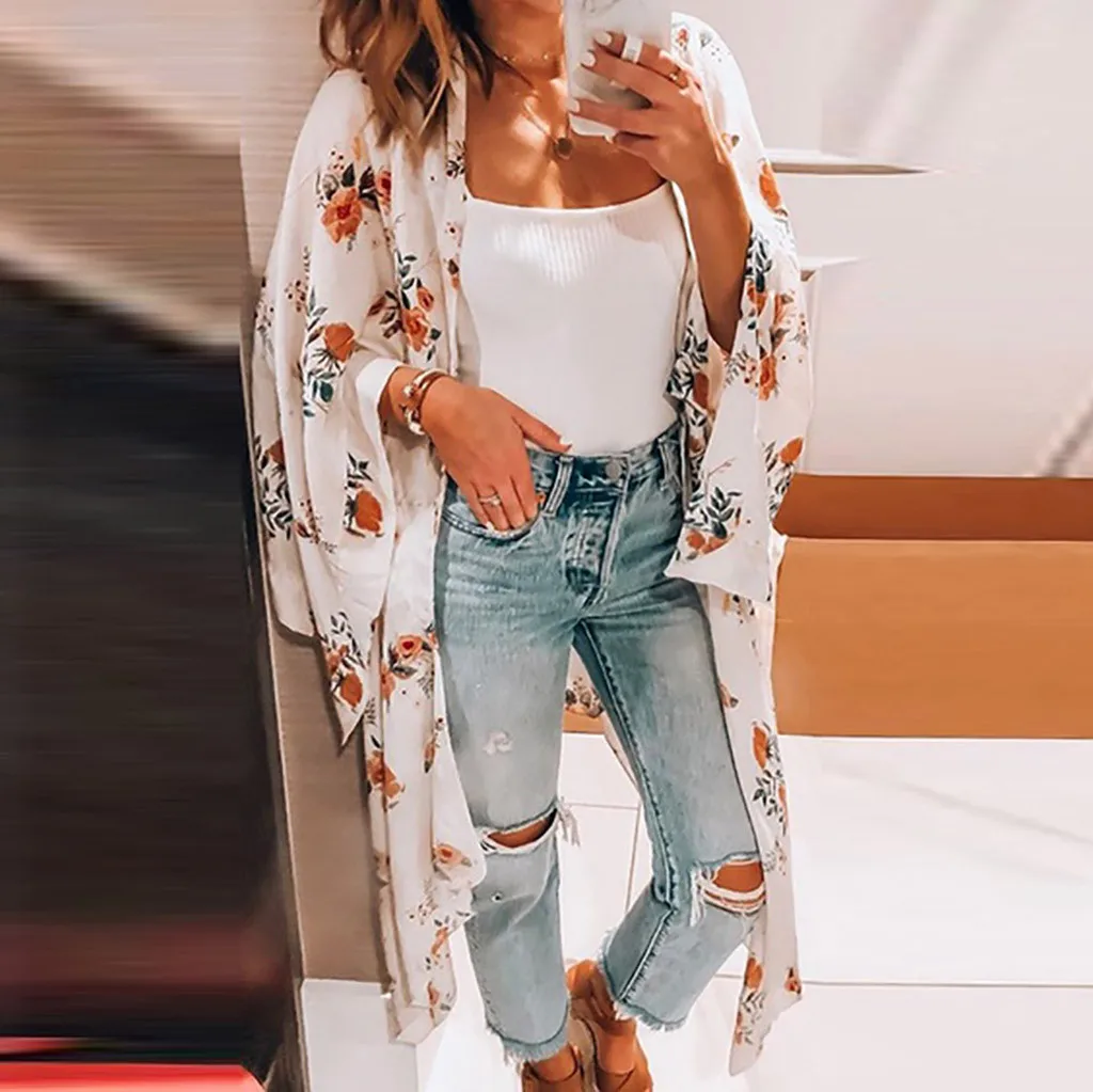 

2019 Summer Women's Blouse Floral Print Three Quarter Sleeve Chiffon Cover Up Female Beach Long Cardigan Shirt Tops