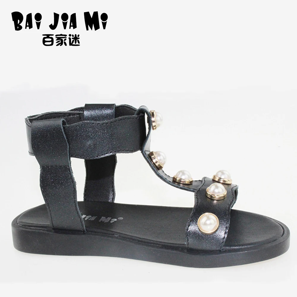 

BAIJIAMI 2017 Summer Spring New Children Genuine Leather Sandals Girls Princess Pearl Gladiator Flat Cow Leather Shoes