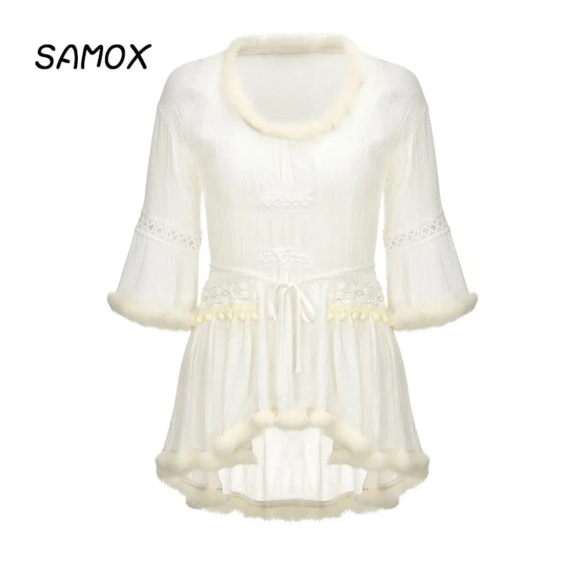 JSMY 2019 Beach White Dress New Summer Fashion Women Sexy Tassel Lace Splicing