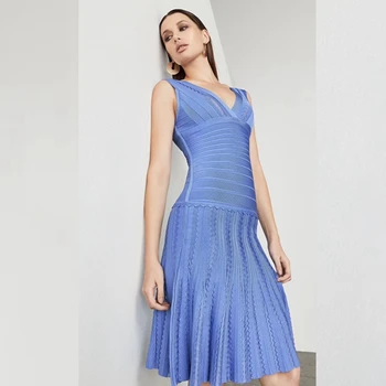 

2019 Elegant Women Blue Dark-Blue Sleeveless Bandage Dress Backless Chic Summer Celebrity Night Out Party Good Quality Wholesale