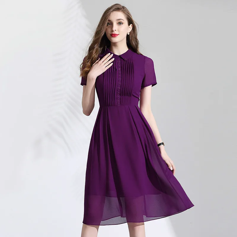 

Chiffon Dress Summer Woman 2019 New Peter Pan Collar Short Sleeved Embroidered Flowers Beading Solid Color Slim A-Line Dress XXL